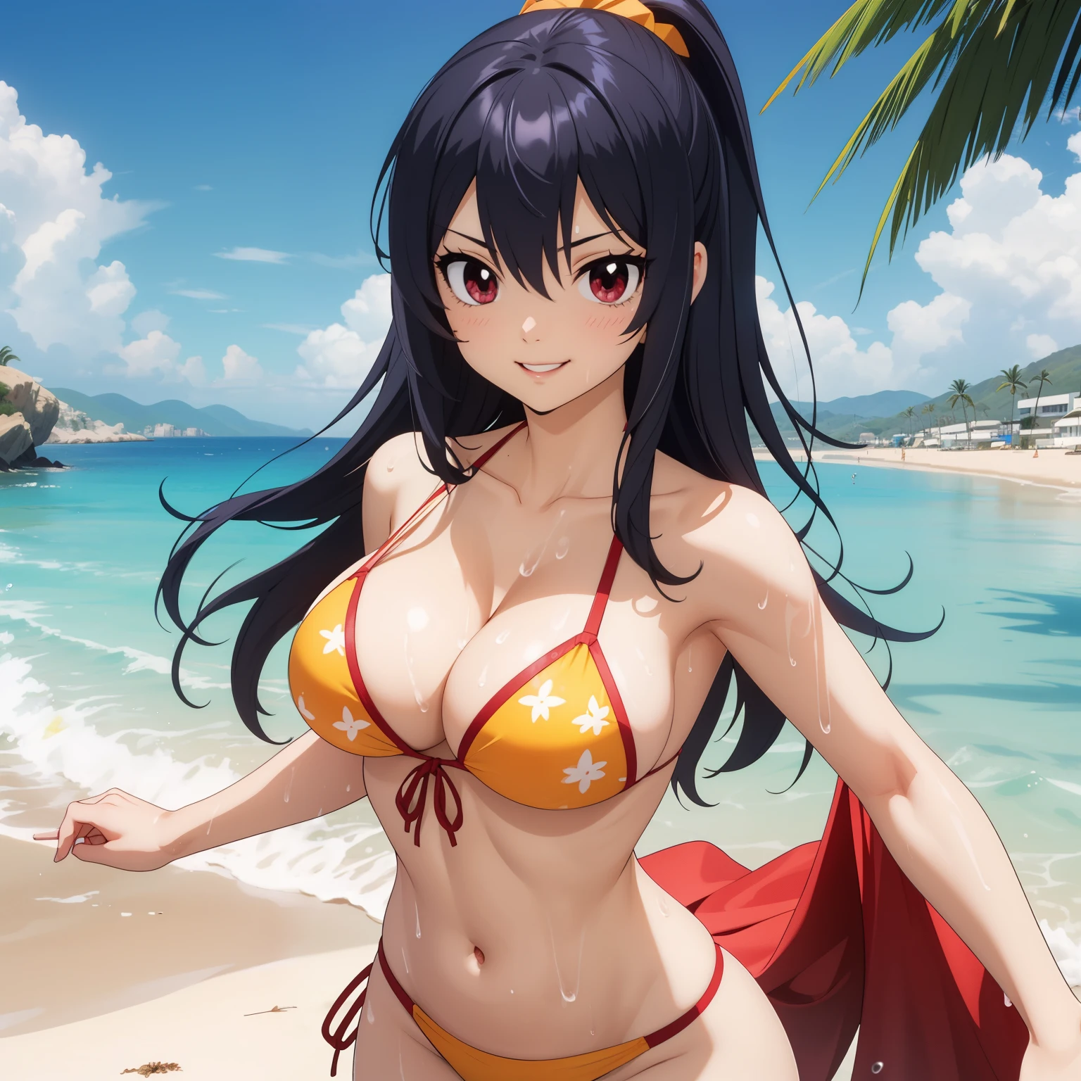 Homura Kougetsu, woman 27 years old, cabello azul, red eyes like rubies, sonrisa, pechos grandes, bikini amarillo, cuerpo mojado, fondo una playa soleada. cuerpo mojado, gotas de agua en su pecho. pechos enormes, enfoque en pechos