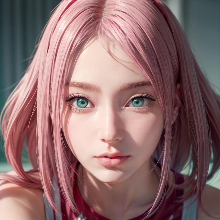 young woman, short shoulder-length pink hair, wide forehead, porcelain skin, pink eyebrows, big emerald green eyes, buttoned nose, full lips, heart-shaped face, slender body, small breasts, red tank top, Sakura Haruno , realistic, realism, details, 3d, well detailed