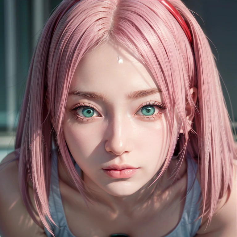 young woman, short shoulder-length pink hair, wide forehead, porcelain skin, pink eyebrows, big emerald green eyes, buttoned nose, full lips, heart-shaped face, slender body, small breasts, red tank top, Sakura Haruno , realistic, realism, details, 3d, well detailed
