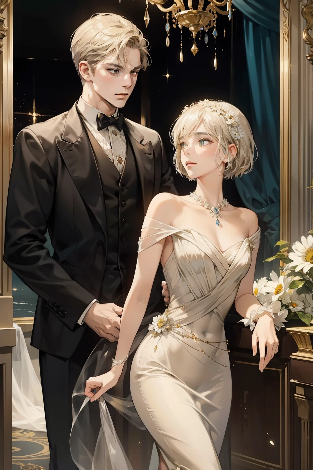 A classic American novel, set in the Roaring Twenties, portrays the elusive pursuit of wealthy socialite Jay Gatsby as he longs to reunite with his cherished, yet distant, past love, Daisy Buchanan. Surrounded by an opulent and decadent backdrop of excessive wealth and moral decay, this timeless tale unfolds with intricate details.
Gatsby's finely tailored suits and polished demeanor belie the turmoil within, as his longing gaze lands on Daisy, who stands before him, an enigmatic figure draped in a chiffon dress that shimmers under the gentle glow of the well