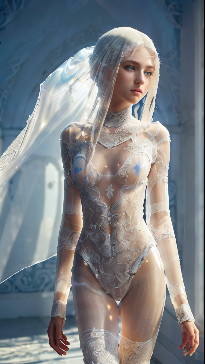 8k full body shot of beautiful white-haired 20 year old girl, (intricate, barely any clothes:1.2, extremely translucent clothes:1.4), intricate, beautifull face, elegant, highly detailed, digital hyperrealistic photography, hyperrealistic photography filigree, (masterpiece, sidelighting, (finely detailed beautifull blue eyes: 1.2)),