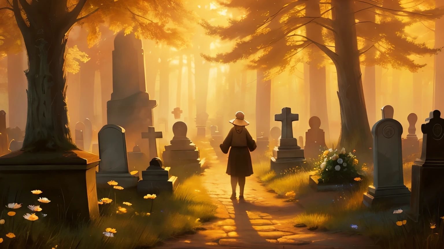 A painterly image of an old woman spirit smiling at a gravedigger in a small town cemetery. She appears serene and asks for a pot of daisies to be fixed on her tomb. The scene is bathed in warm, golden light with shadows cast by tall trees, creating a peaceful and slightly surreal atmosphere. The background shows detailed tombstones and a weathered stone path. Created Using: soft brushstrokes, warm color palette, detailed textures, ethereal lighting, impressionist influences, hd quality, natural look