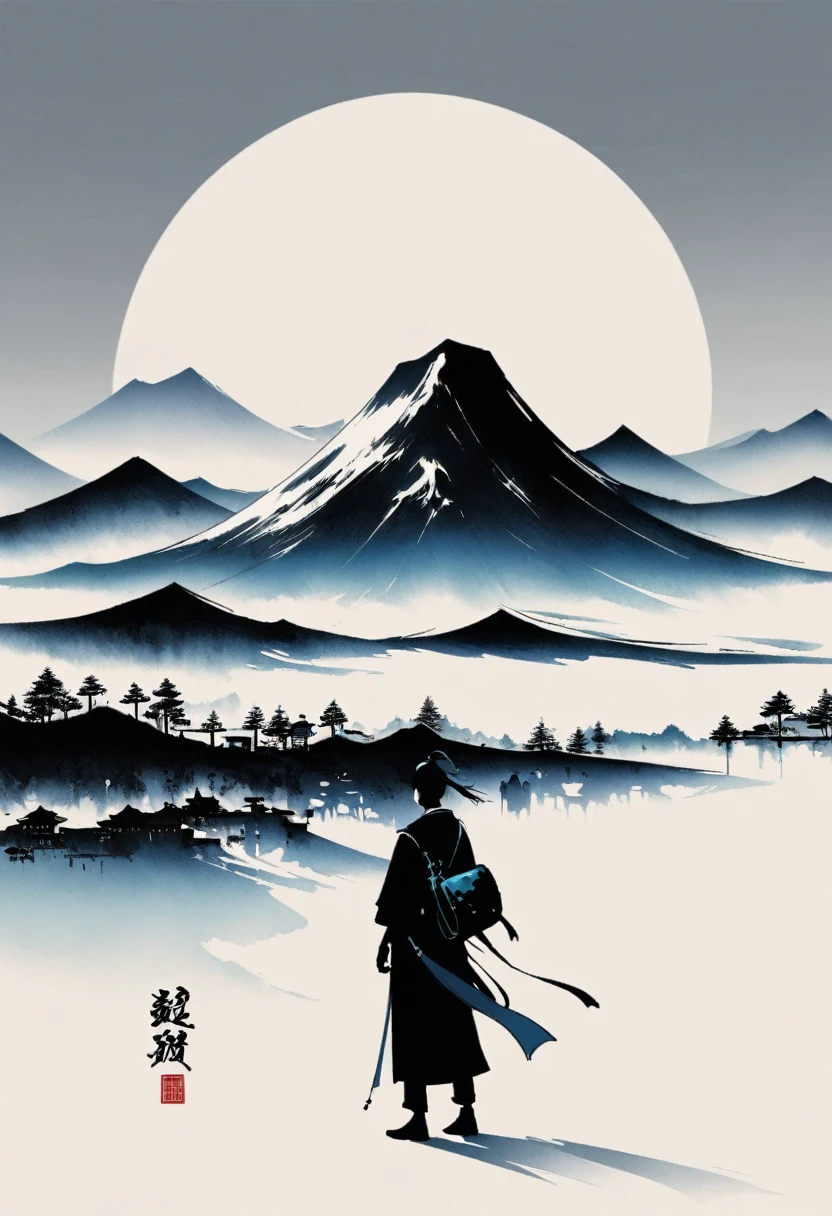 (大量留white:1.5)，white, white色背景, simple, Minimalism, abstract,Freehand，Aesthetic，黑与white，Ink Painting，antiquity，Mountain，People in the distance