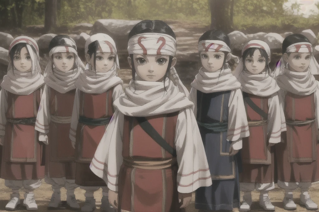 7kids standing group photo 7year old kid and face extremely detailed clothing expensive cloth cowl bandana on forehead portrait image full body image style side view looking at me close up