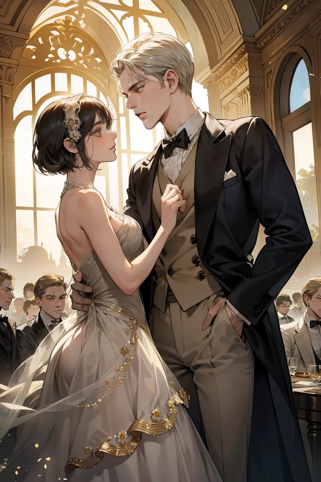 A classic American novel, set in the Roaring Twenties, portrays the elusive pursuit of wealthy socialite Jay Gatsby as he longs to reunite with his cherished, yet distant, past love, Daisy Buchanan. Surrounded by an opulent and decadent backdrop of excessive wealth and moral decay, this timeless tale unfolds with intricate details.
Gatsby's finely tailored suits and polished demeanor belie the turmoil within, as his longing gaze lands on Daisy, who stands before him, an enigmatic figure draped in a chiffon dress that shimmers under the gentle glow of the well