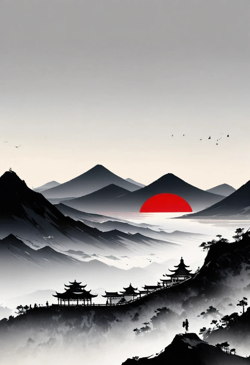 (大量留white:1.5)，white, white色背景, simple, Minimalism, abstract,Freehand，Aesthetic，黑与white，Ink Painting，antiquity，Mountain，People in the distance