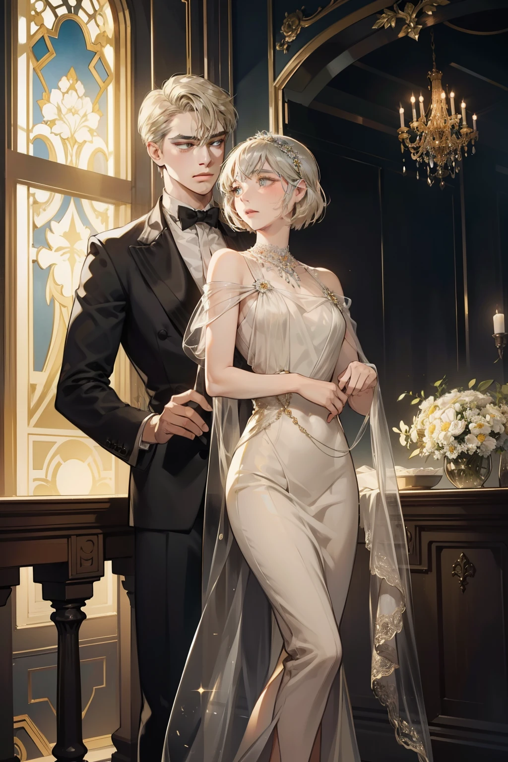 A classic American novel, set in the Roaring Twenties, portrays the elusive pursuit of wealthy socialite Jay Gatsby as he longs to reunite with his cherished, yet distant, past love, Daisy Buchanan. Surrounded by an opulent and decadent backdrop of excessive wealth and moral decay, this timeless tale unfolds with intricate details. 

Gatsby's finely tailored suits and polished demeanor belie the turmoil within, as his longing gaze lands on Daisy, who stands before him, an enigmatic figure draped in a chiffon dress that shimmers under the gentle glow of the well
