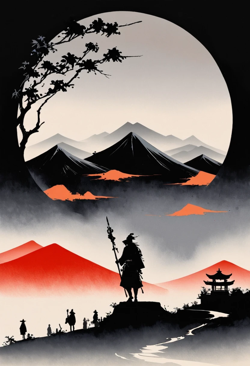 (大量留white:1.5)，white, white色背景, simple, Minimalism, abstract,Freehand，Aesthetic，黑与white，Ink Painting，antiquity，Mountain，People in the distance