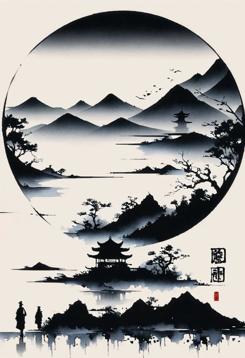 (大量留white:1.5),white, white色背景, simple, Minimalism, abstract,Freehand,Aesthetic,黑与white,Ink Painting,antiquity,Mountain,People in the distance