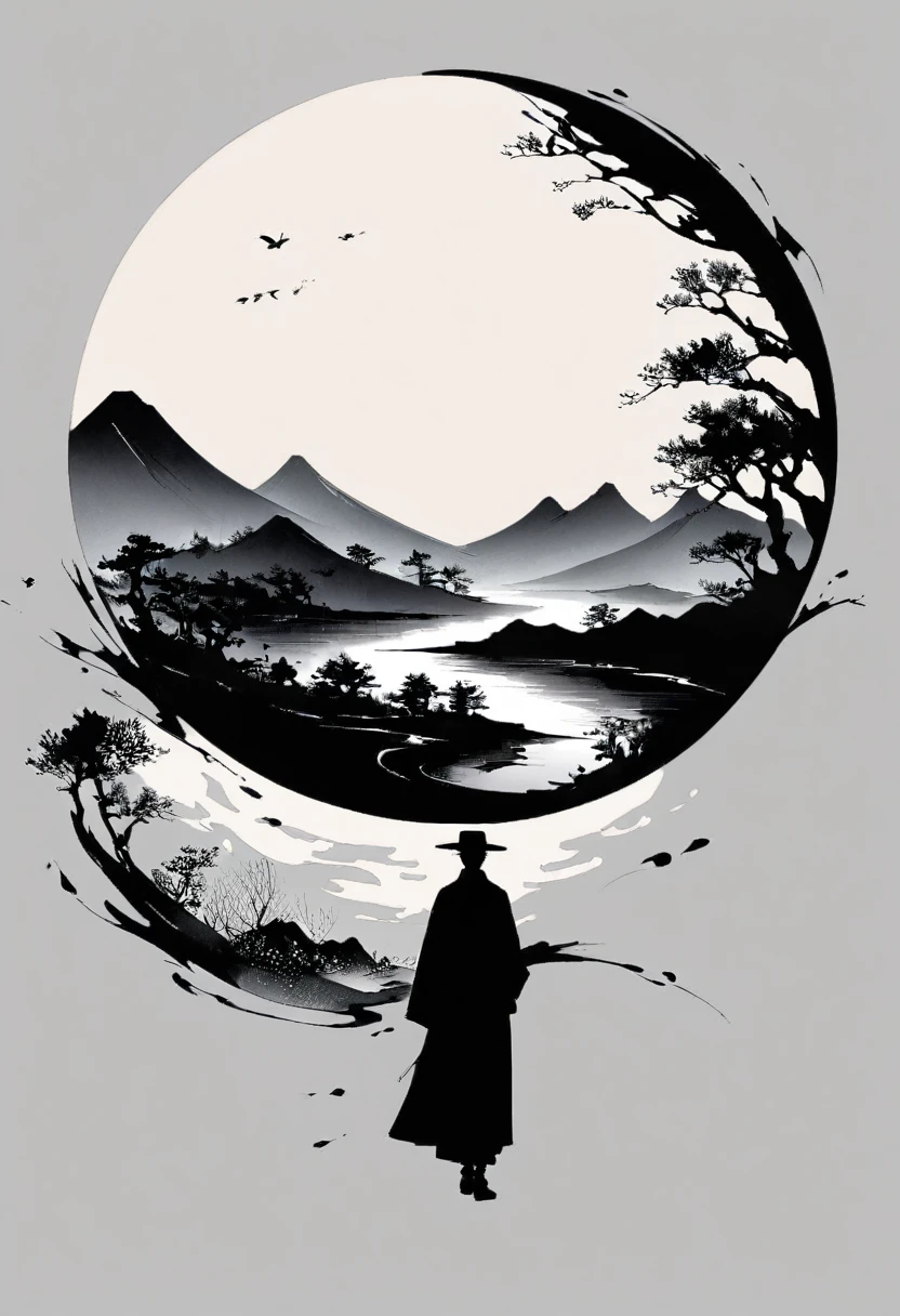 (大量留white:1.5),white, white色背景, simple, Minimalism, abstract,Freehand,Aesthetic,黑与white,Ink Painting,antiquity,Mountain,People in the distance