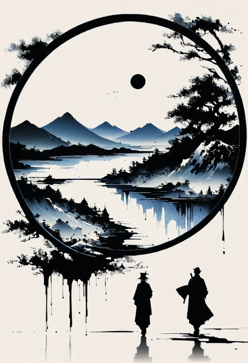 (大量留white:1.5),white, white色背景, simple, Minimalism, abstract,Freehand,Aesthetic,黑与white,Ink Painting,antiquity,Mountain,People in the distance