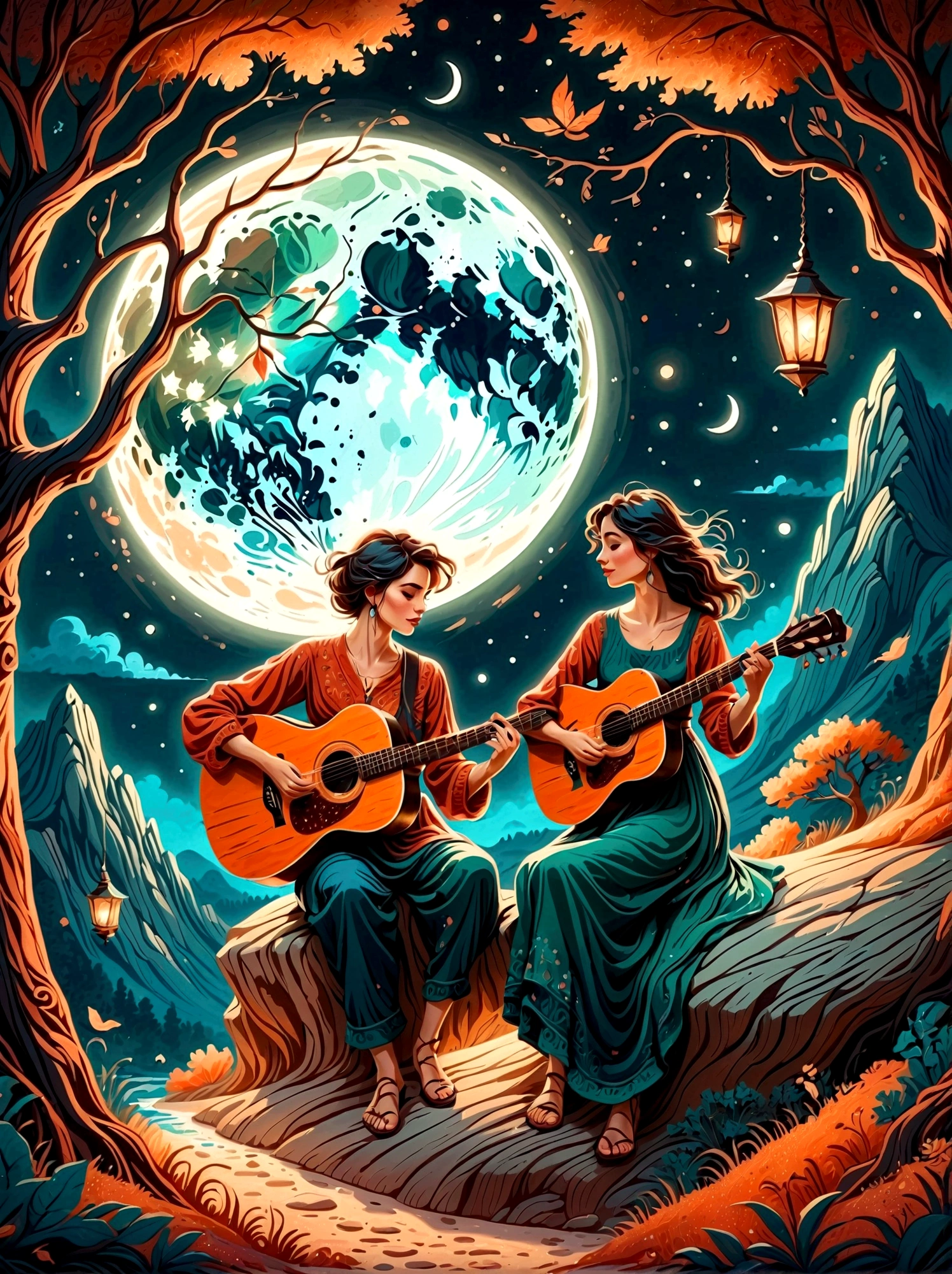 Cartoon hand drawn, Romantic ancient style，night，Backlight，A Guitarist and a Woman Sitting on a Branch，Play guitar，There is a full moon behind，Alexander，repeat，Fresh colors，Soft colors，Diode lamp，Concept art style，extremely intricate details，Clear distinction between light and dark，Layering，Ultra high quality, Magical naive art，Bright blue and green，The color palette is in red, orange and black tones and has a sketchy style, The background should have a simple hand-drawn doodle pattern, 1shxx1