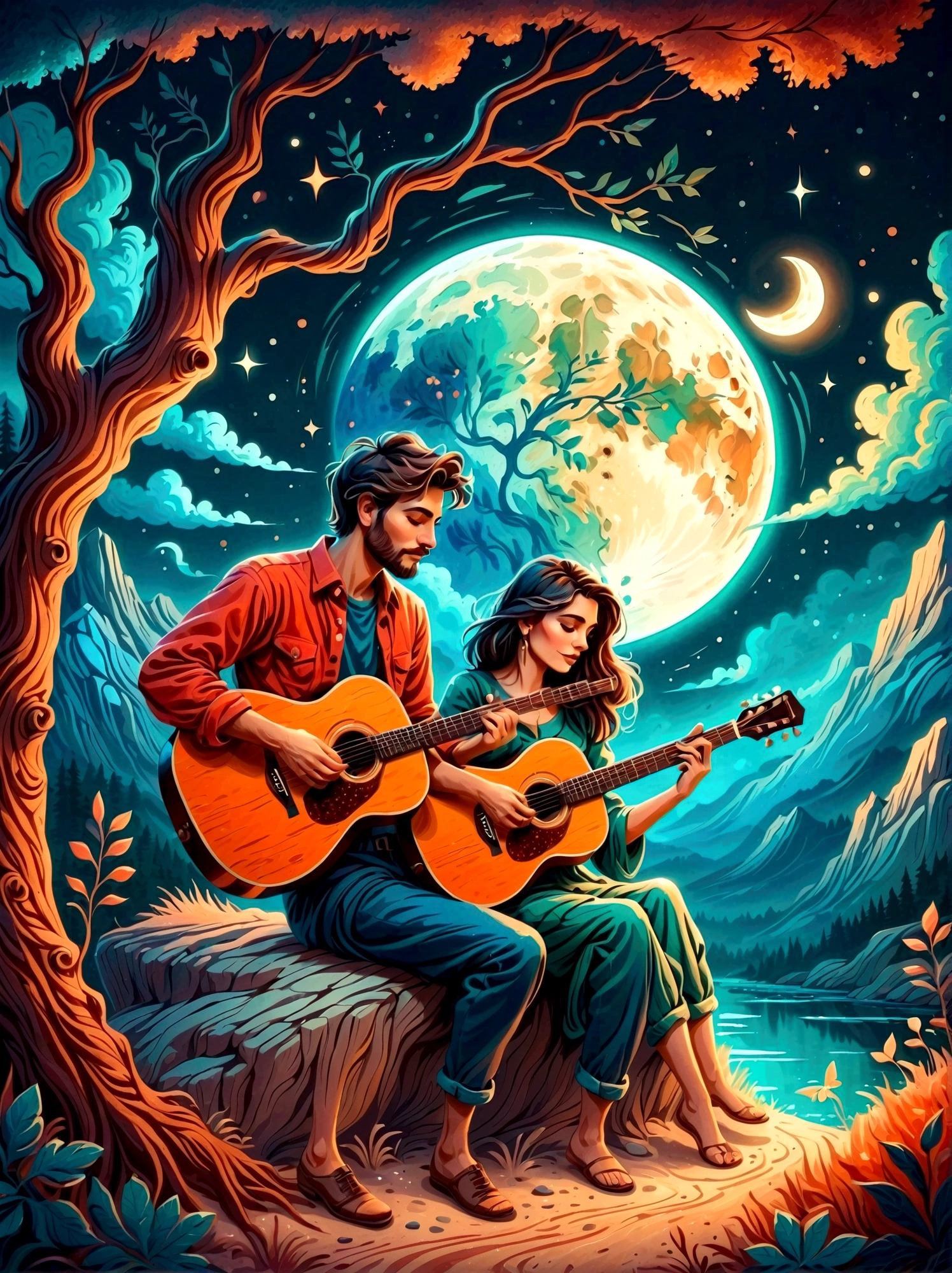 Cartoon hand drawn, Romantic ancient style,night,Backlight,A Guitarist and a Woman Sitting on a Branch,Play guitar,There is a full moon behind,Alexander,repeat,Fresh colors,Soft colors,Diode lamp,Concept art style,extremely intricate details,Clear distinction between light and dark,Layering,Ultra high quality, Magical naive art,Bright blue and green,The color palette is in red, orange and black tones and has a sketchy style, The background should have a simple hand-drawn doodle pattern, 1shxx1