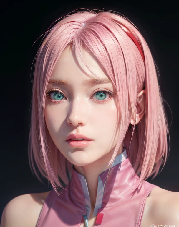 young woman, short shoulder-length pink hair, wide forehead, porcelain skin, pink eyebrows, big emerald green eyes, buttoned nose, full lips, heart-shaped face, slender body, small breasts, red tank top, Sakura Haruno , realistic, realism, details, 3d, well detailed

