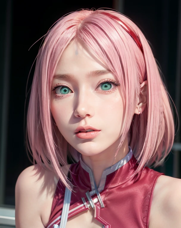 young woman, short shoulder-length pink hair, wide forehead, porcelain skin, pink eyebrows, big emerald green eyes, buttoned nose, full lips, heart-shaped face, slender body, small breasts, red tank top, Sakura Haruno , realistic, realism, details, 3d, well detailed
