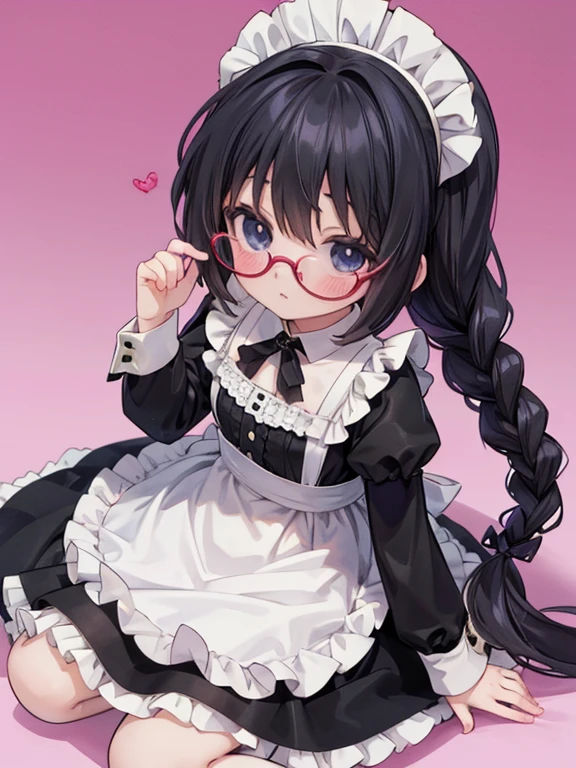 8k, (anime:1.8), 9--old l, black eye, Glasses, Black Hair, Long Hair, Braid, Black maid outfit