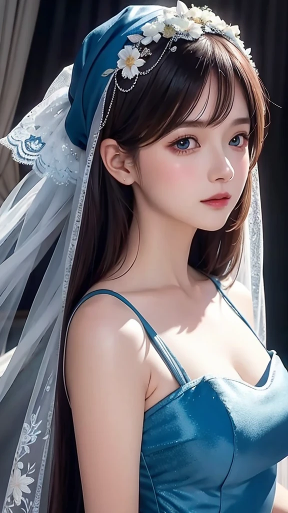 A girl in a blue dress、Close-up of woman wearing white headscarf, Gu Weisz style artwork, IG Model | Art sprouts, extremely detailed Art sprouts, Surrealist anime, Soft Portrait Shots 8K, Art sprouts. Anime Illustrations, Bovoort&#39;Art style, Blonde Princess, 8k Art sprouts bokeh，Blue Hair，Semi-long hair，blue eyes，wear glasses（focus）