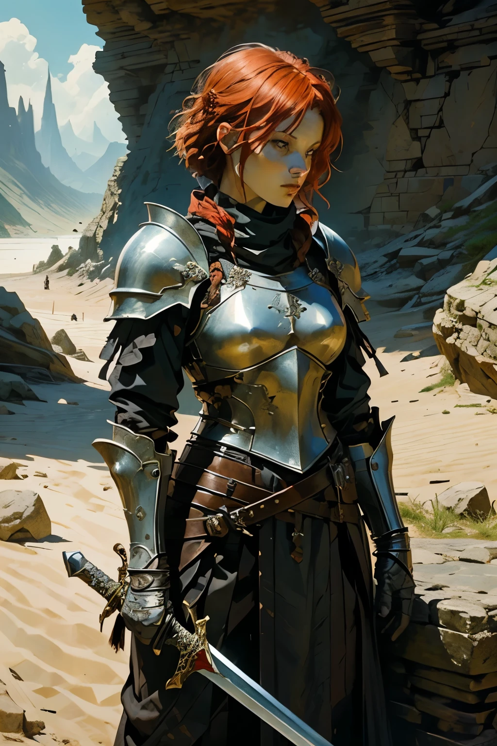 Full plate armor medieval girl holding a two handed sword,short red hair,braided hair,scars on face,black eyes,sitted and waiting on a rock,dusty armor,scratch sword,medieval,realistic,detailed