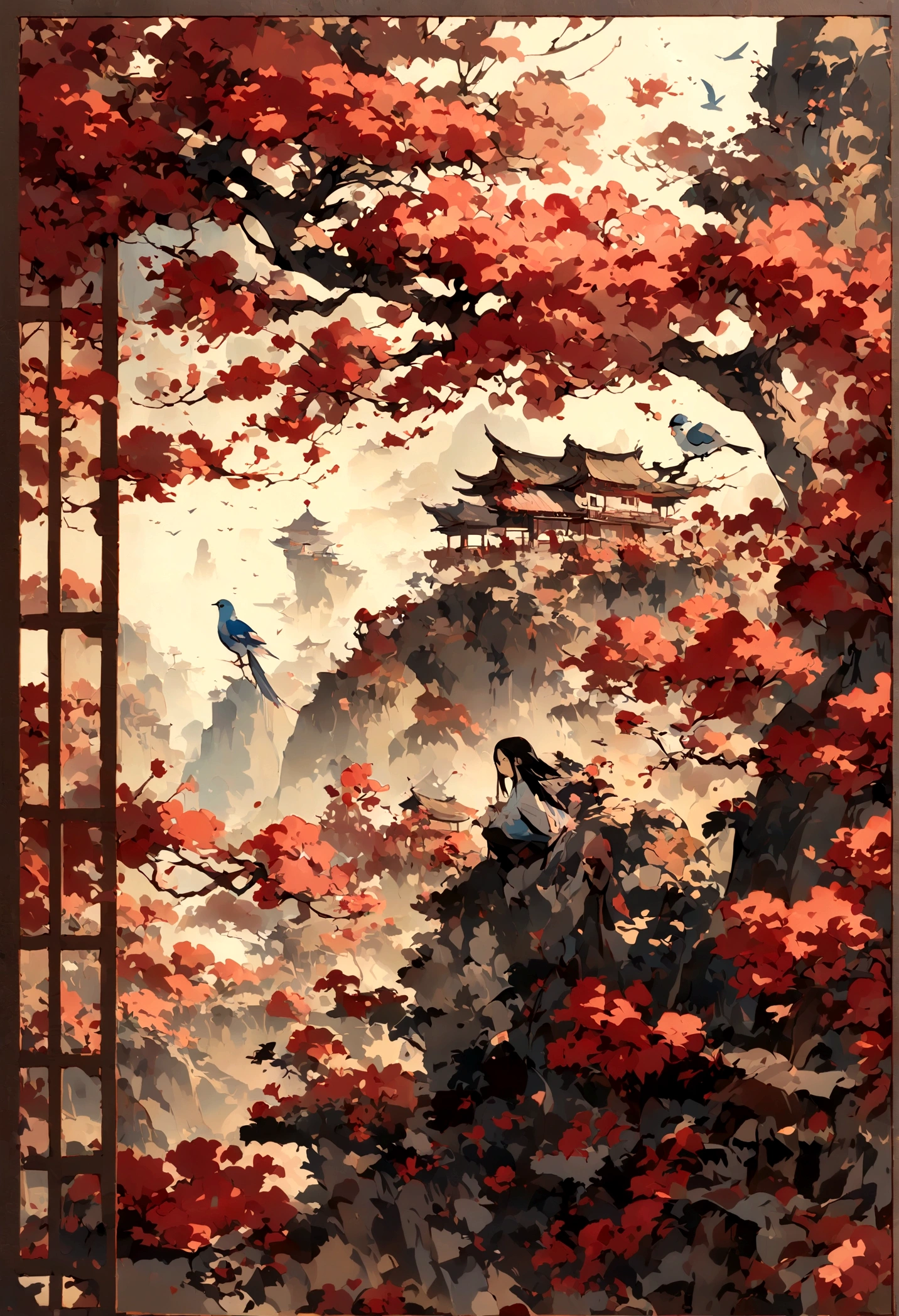 masterpiece, Traditional Chinese landscape, flower and bird painting,Beautiful fairy tale, Paper art style, Beautiful painting, A very complex masterpiece, A beautiful and sophisticated red masterpiece, Multi-layer, mystery,