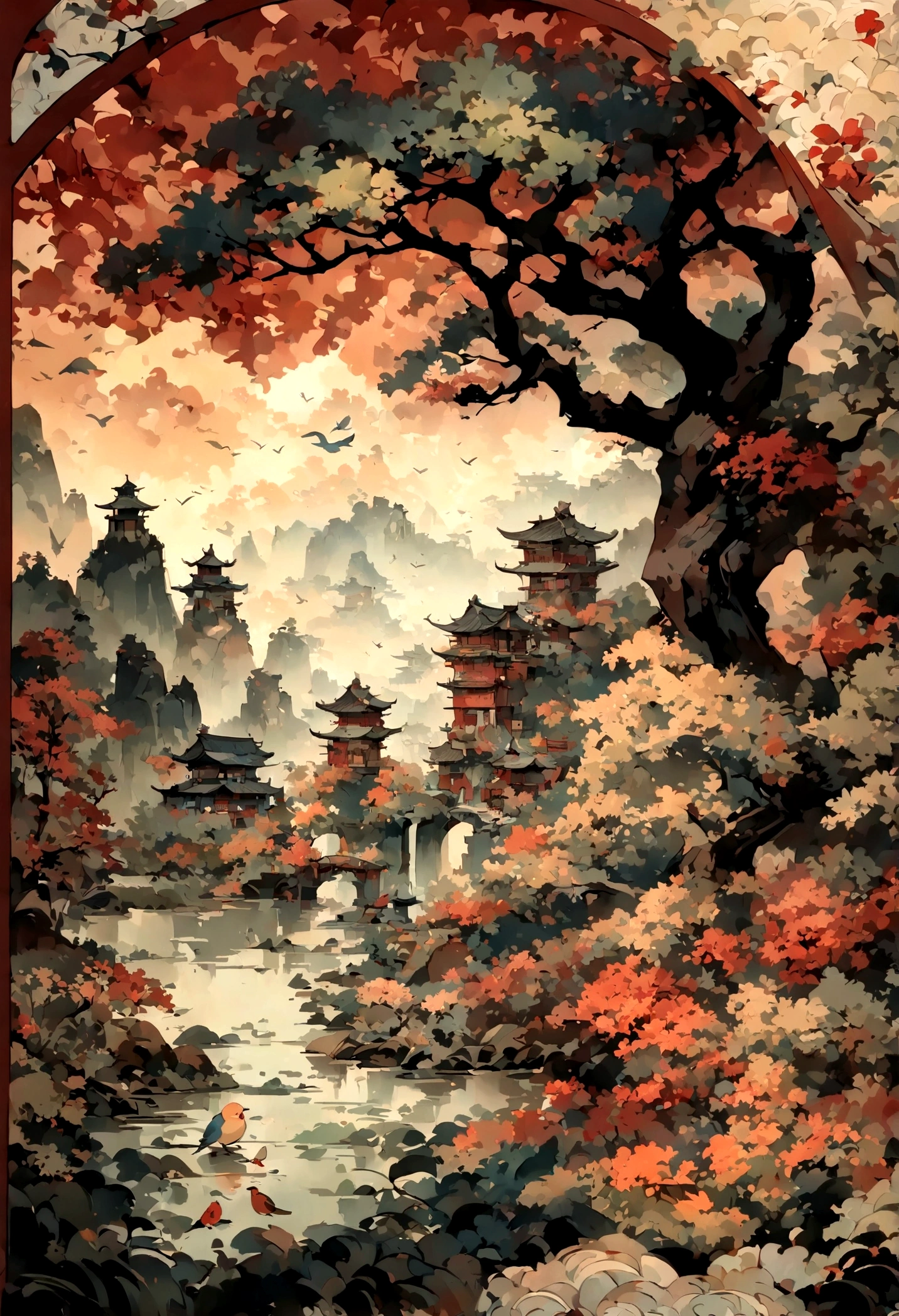 masterpiece, Traditional Chinese landscape, flower and bird painting,Beautiful fairy tale, Paper art style, Beautiful painting, A very complex masterpiece, A beautiful and sophisticated red masterpiece, Multi-layer, mystery,