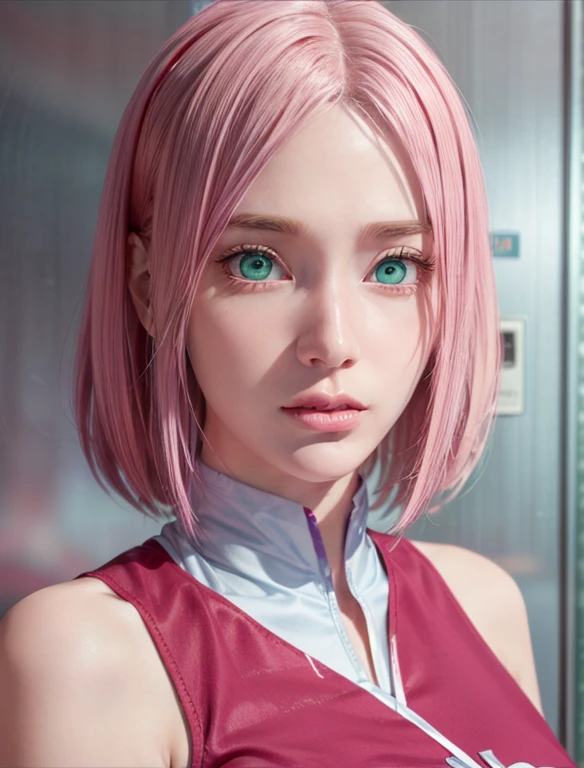 young woman, short shoulder-length pink hair, wide forehead, porcelain skin, pink eyebrows, big emerald green eyes, buttoned nose, full lips, heart-shaped face, slender body, small breasts, red tank top, Sakura Haruno , realistic, realism, details, 3d, well detailed
