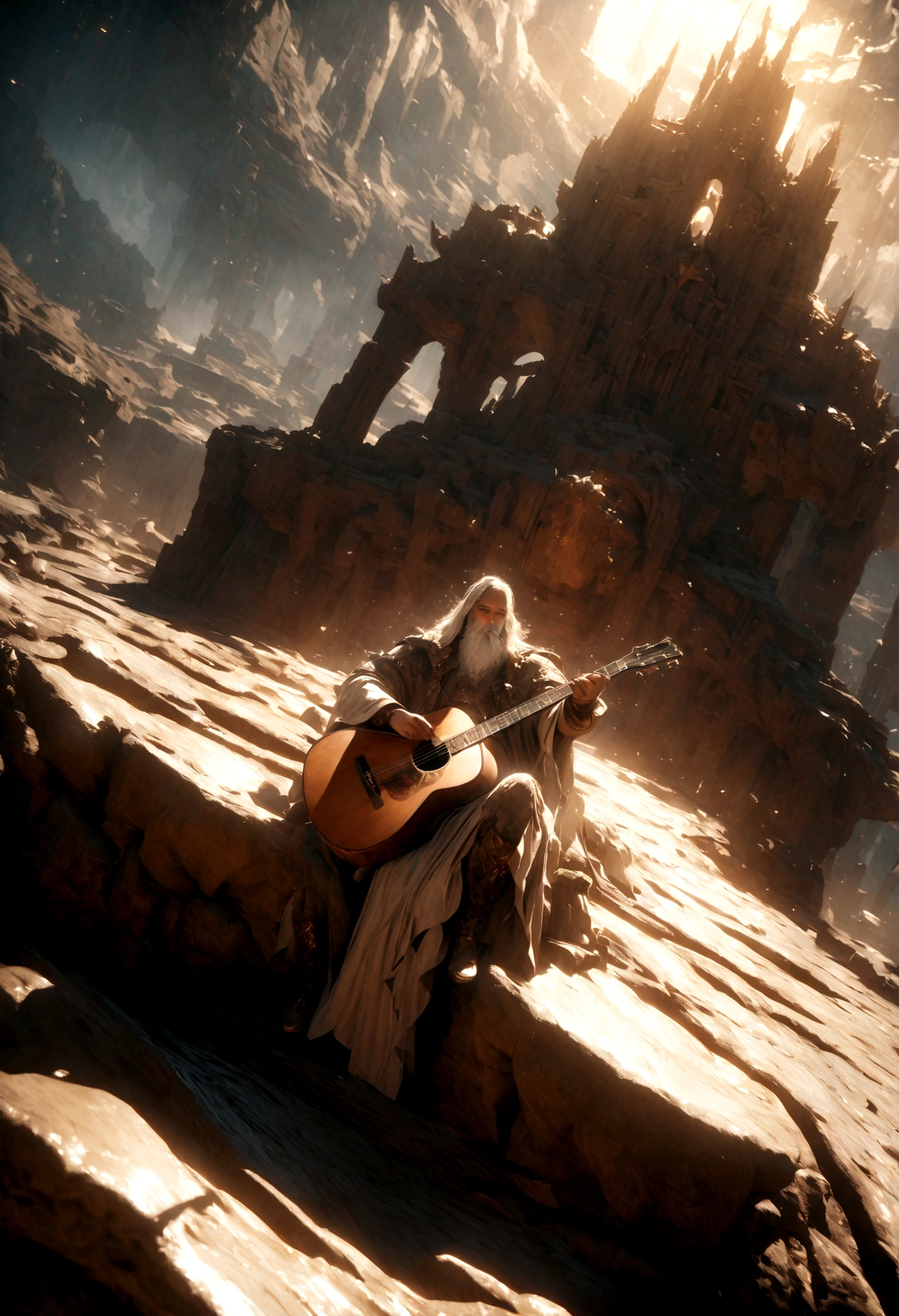 King of Water, He has long white hair and a white beard, Holding a huge guitar, sit on his throne, fantasy, magic, mystery, Ethereal, sublime atmosphere, dreamlike, Extremely detailed and complex, Painted landscapes, Dramatic Lighting, high quality, Octane Rendering, Unreal Engine 5, Reality, Epic scene, Bible World.