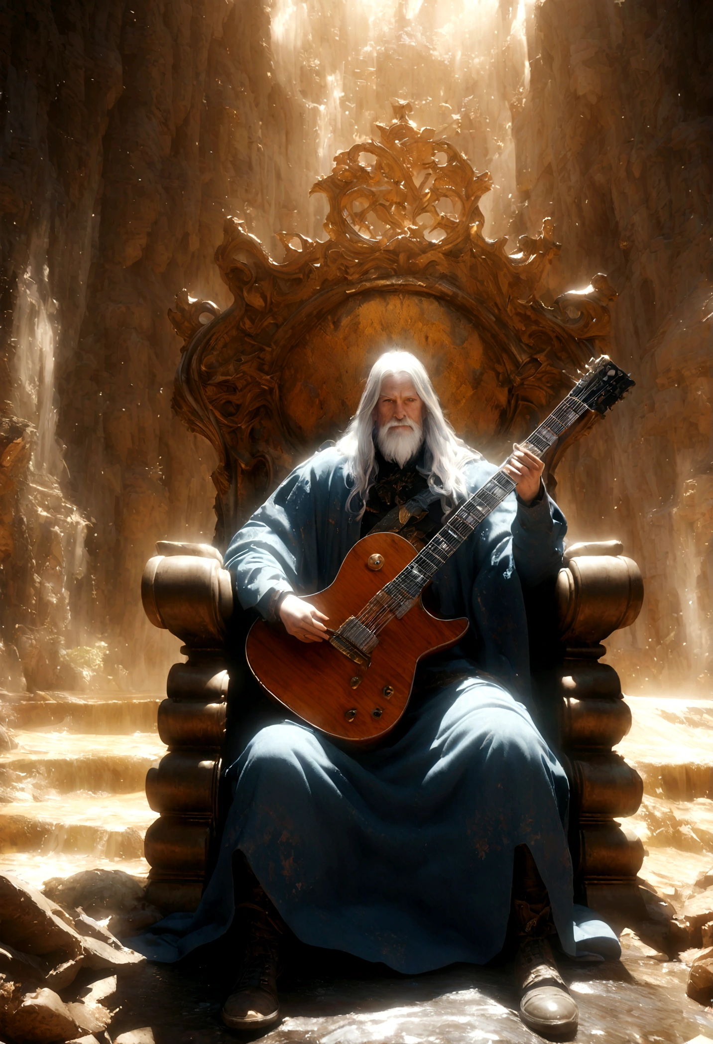 King of Water, He has long white hair and a white beard, Holding a huge guitar, sit on his throne, fantasy, magic, mystery, Ethereal, sublime atmosphere, dreamlike, Extremely detailed and complex, Painted landscapes, Dramatic Lighting, high quality, Octane Rendering, Unreal Engine 5, Reality, Epic scene, Bible World.