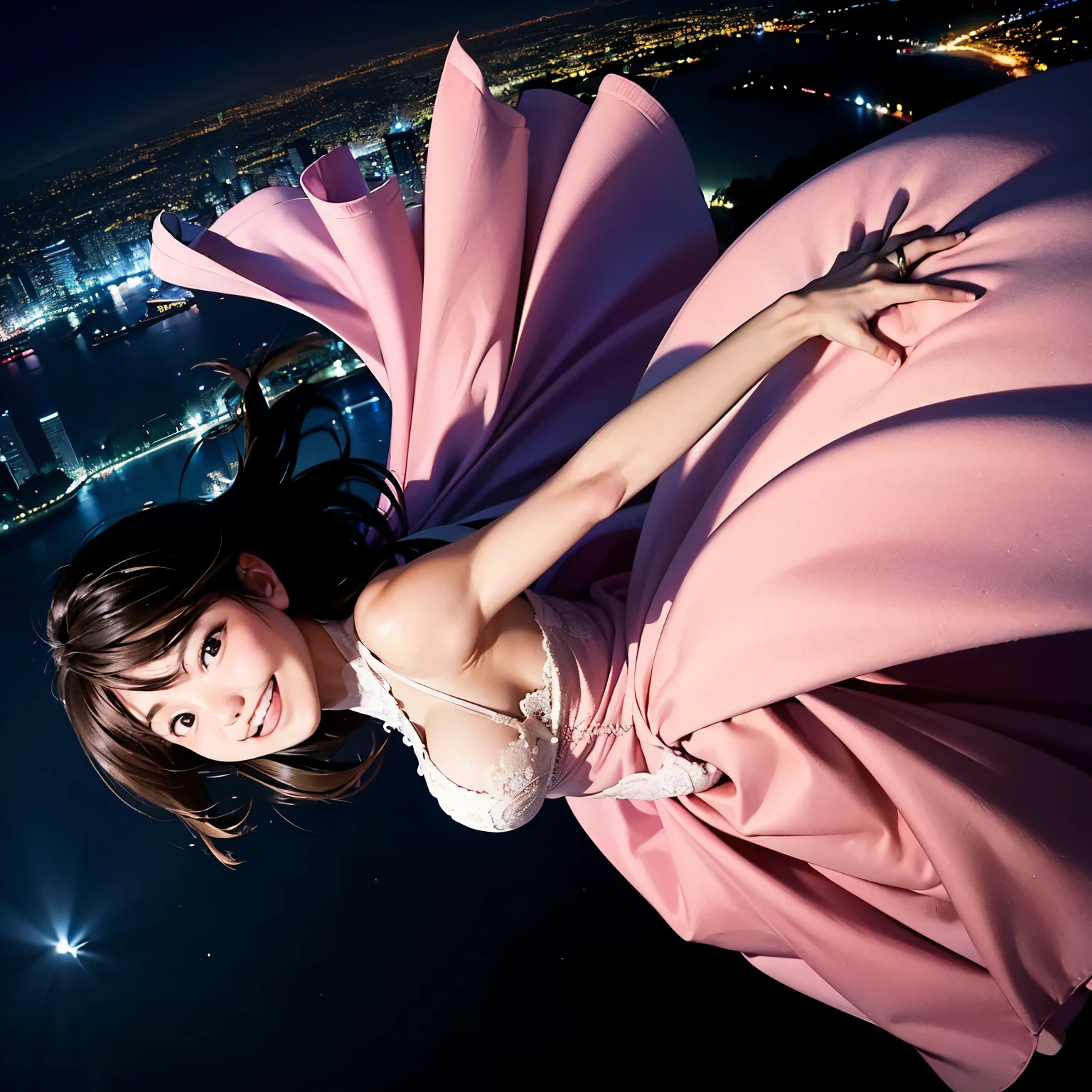 raw photo , 8K, ultra detailed, high res, (realistic:1.2), (1girl:1.3), (long dress), (smile:1.4), (flying:1.6), nightview