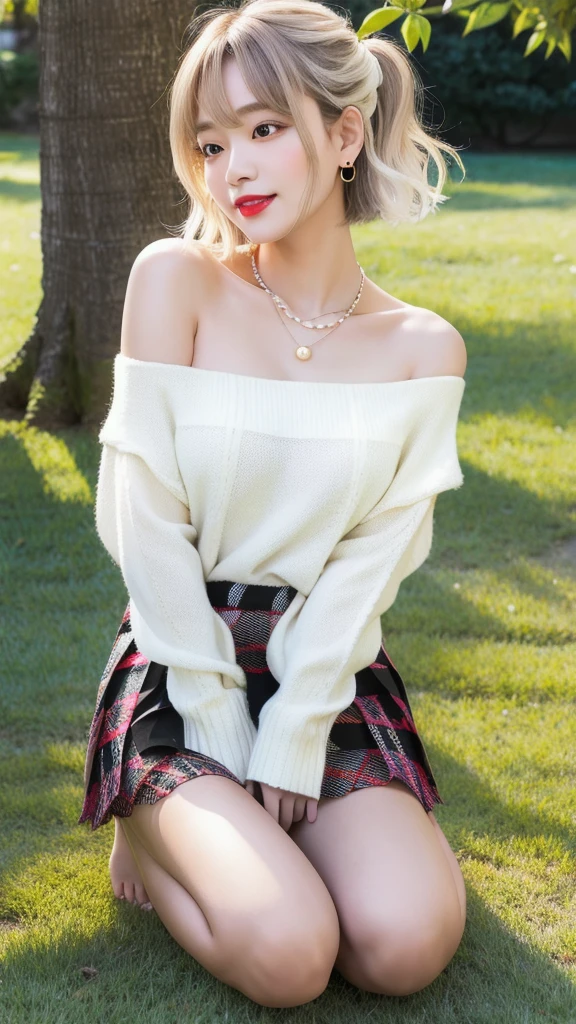 (8k, Photorealistic, Raw photo, Highest quality: 1.4),Japanese idol-style beautiful girl,1 person,18-year-old,Hairstyle(Very Short Bob,Black),She has her hair tucked behind her ears,Wear a small pearl earring in your ear,Big, clear grey eyes,Long eyelashes,Plump Cheeks,She has pink lipstick on her lips,Apply gloss over your lipstick for glossy, plump lips,Smiling,A short pendant is hanging around her neck,Blackのマニキュアを両手の爪に塗っている,Blackのマニキュアを両足の爪に塗っている,(Off-shoulder summer knitwear(White :1.7)Wearing it on bare skin),I can see her cleavage,(Pleated skirt(Plaid,Black :1.7)Wear),(barefoot),(On the grass under the tree in the park),(Sit with your legs apart and your knees bent),Hands are placed in the crotch,She is surrounded by the gentle sunlight filtering through the trees.,Angle from the front,whole body ports