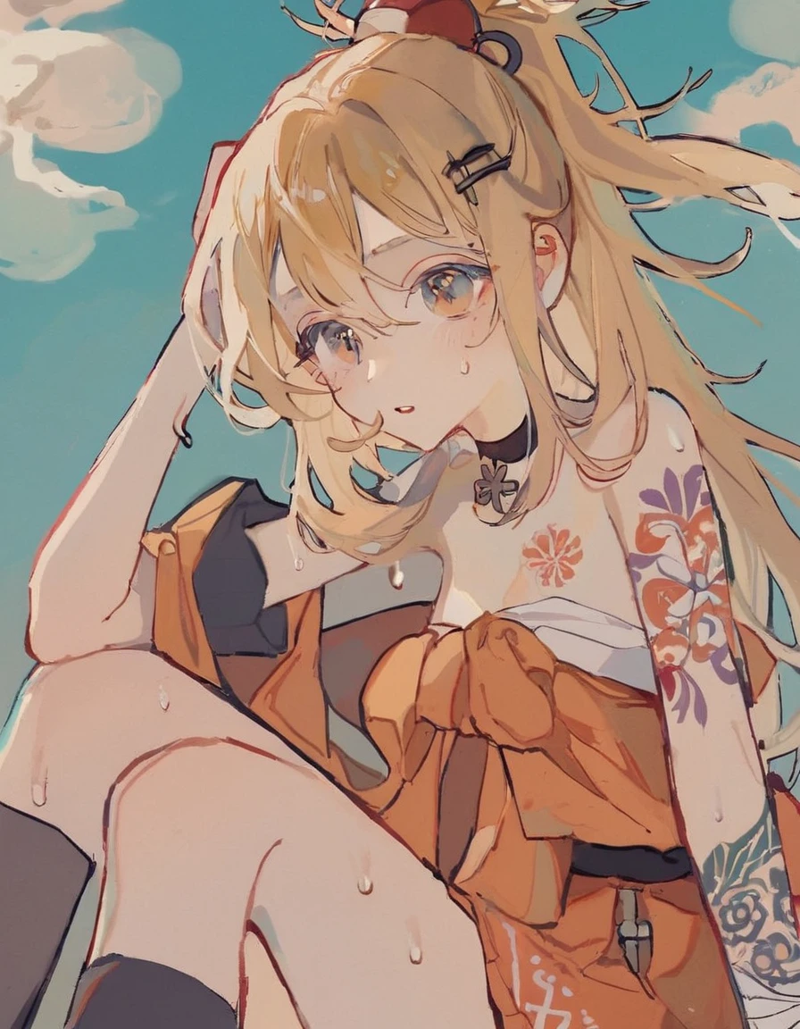 masterpiece, high quality, (illustration, beautiful art work, drawing style, portrait), sho, matcha, hotatenshi, tsvbvra, pastel color theme, 1girl, lewd, big breast, deep cleavage, yoimiya, genshin impact, yellow eyes, blush, blonde hair, bangs, ponytail, hair between eyes, hair ornament, bare shoulders, hadanugi dousa, japanese clothes, orange kimono, choker, parted lips, arm tattoo, bandaged arm, bandages, black gloves, chest tattoo, shoulder tattoo, armpits, sitting, kneehighs, knees up, thighs, (sweat), sweaty body, wet body, shiny body, day, blue sky, outdoors
