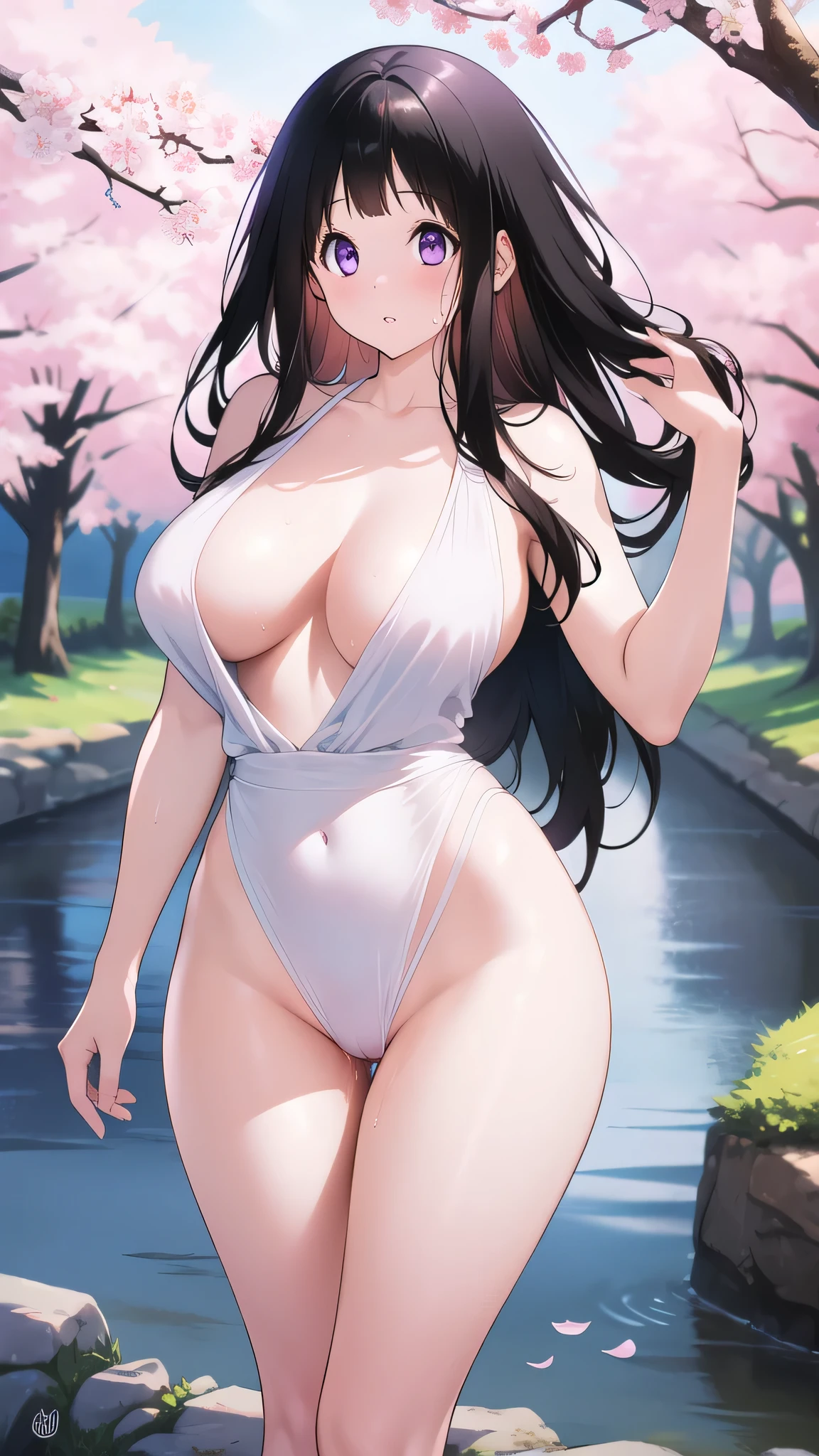 Amazing Chitanda, There is only one beautiful girl,Purple Eyes, Black Hair, Very red face,Very white skin,Glowing skin,Skin as delicate as porcelain,Naturally straight hair, Straight bangs,Extremely refined,Open lips,Long flowing hair,Beautiful Girl, Like a dream,Slim,Slim waist,Soft, (Sensual), (Kawaii), Dream quality,Beautiful big breasts,Areola,Completely naked,Black Ribbon,Flower decoration,Deep V neckline,Loose neckline,Wide neckline,River walk,Place your hands on your inner thighs,Sweaty and sweaty,Next to the cherry blossom trees,Back to,Lean over,Hips,Side body,Gluteal groove,Bare back,Completely naked back,Light transmission,no pants,pussy juice,Bare shoulders,Bare neck,Exposed collarbone,Exposing breasts,Exposing breasts side,Show your waist,Show your buttocks,Show your thighs,Exposing the groin,No pants,extremely shy,Ultra-high resolution, (masterpiece:1.2, best quality), (Delicate and beautiful eyes: 1.2), (Beautiful and delicate face)