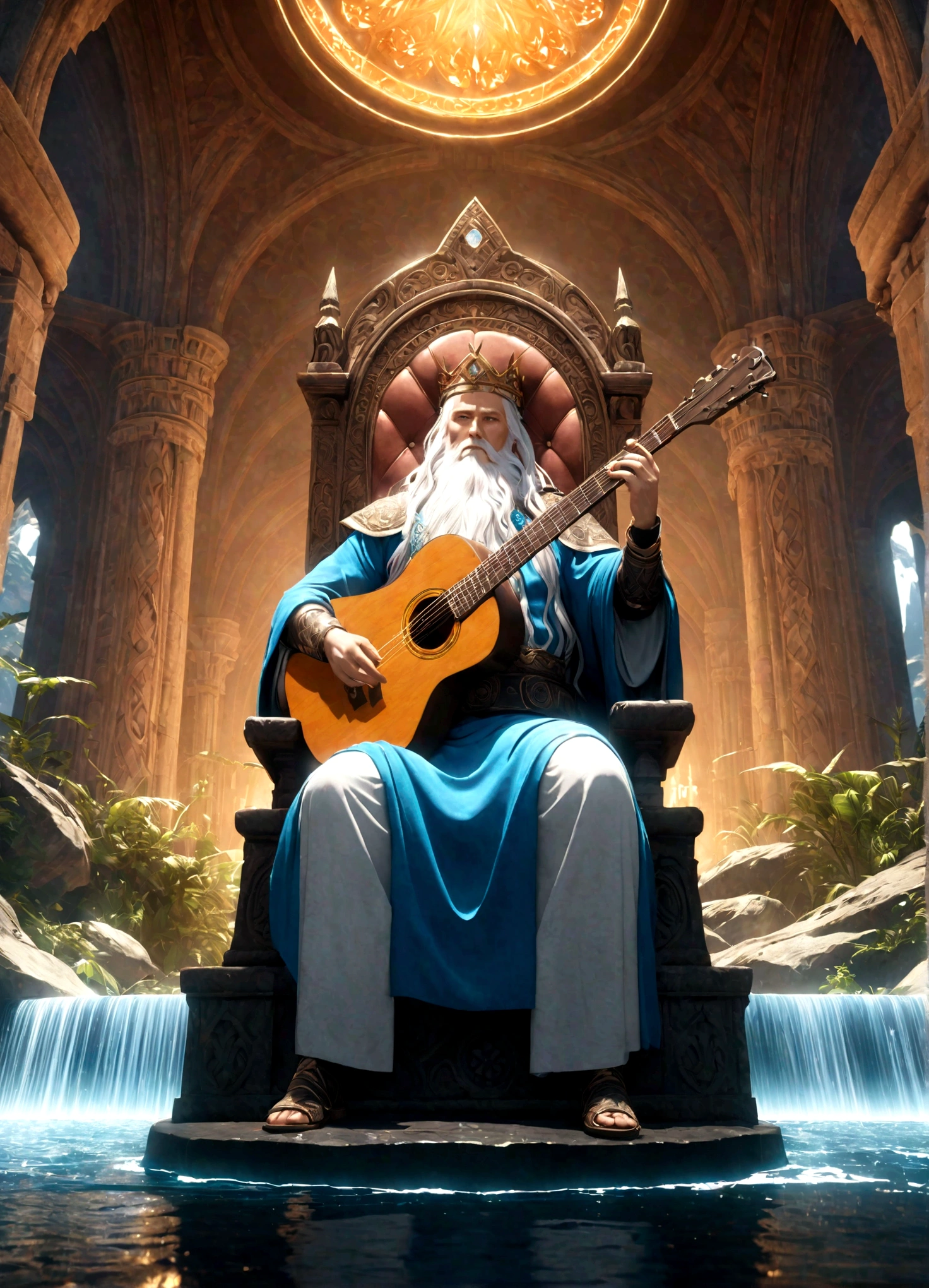 King of Water, He has long white hair and a white beard, Holding a huge guitar, sit on his throne, fantasy, magic, mystery, Ethereal, sublime atmosphere, dreamlike, Extremely detailed and complex, Painted landscapes, Dramatic Lighting, high quality, Octane Rendering, Unreal Engine 5, Reality, Epic scene, Bible World.