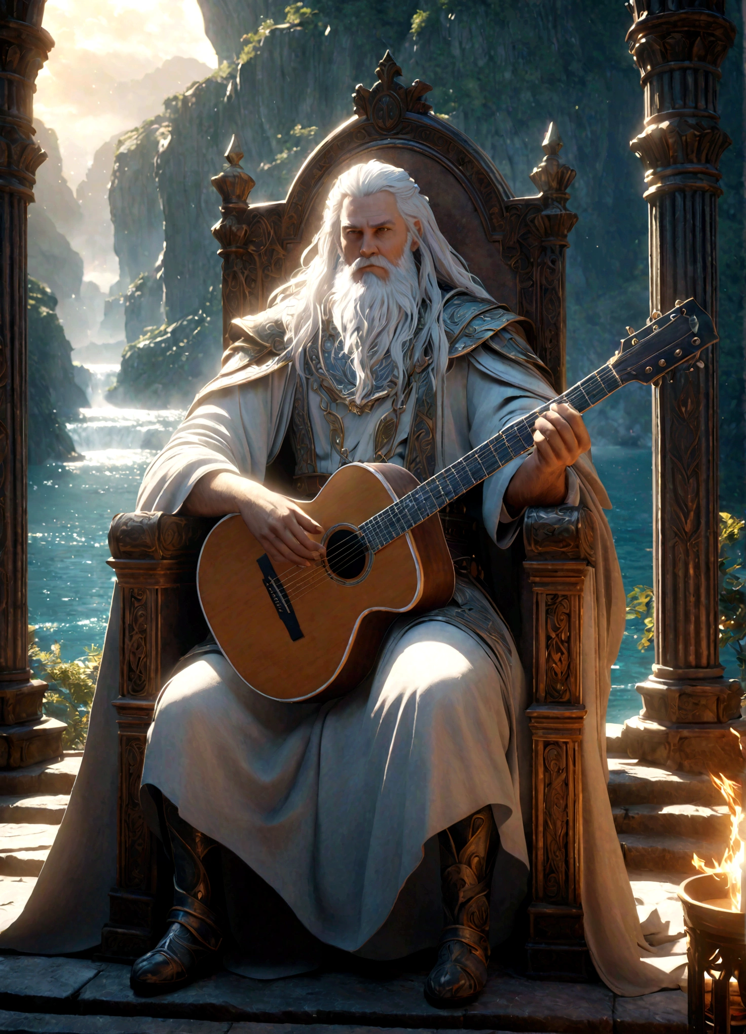 King of Water, He has long white hair and a white beard, Holding a huge guitar, sit on his throne, fantasy, magic, mystery, Ethereal, sublime atmosphere, dreamlike, Extremely detailed and complex, Painted landscapes, Dramatic Lighting, high quality, Octane Rendering, Unreal Engine 5, Reality, Epic scene, Bible World.