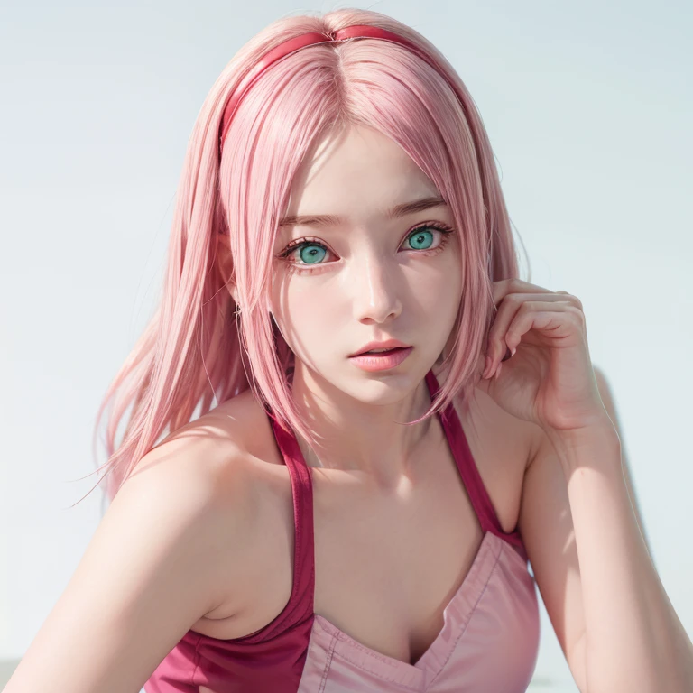 young woman, short shoulder-length pink hair, wide forehead, porcelain skin, pink eyebrows, big emerald green eyes, buttoned nose, full lips, heart-shaped face, slender body, small breasts, red tank top, Sakura Haruno , realistic, realism, details, 3d, well detailed