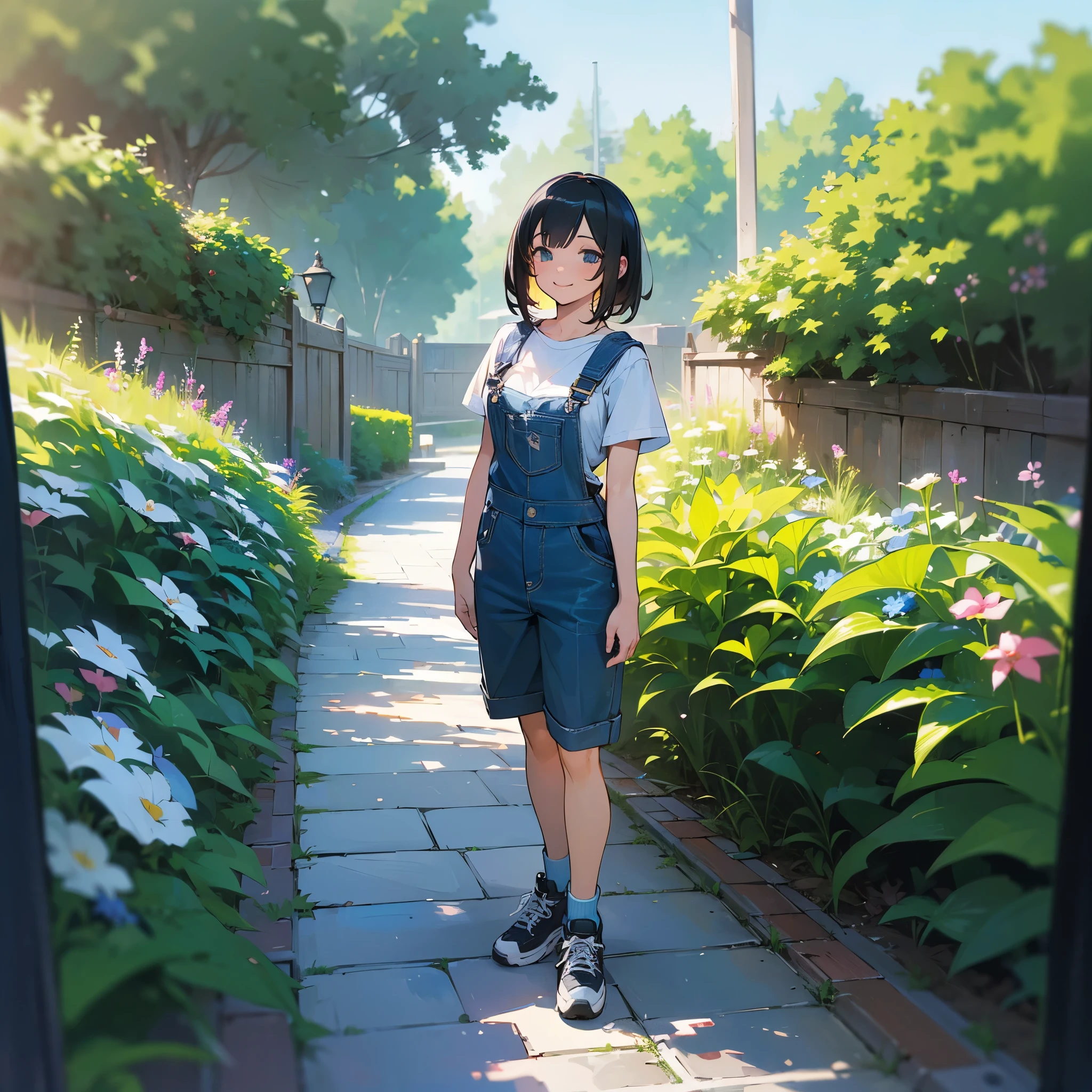 (high quality, High resolution, Very detailed, reality:1.37), Peaceful atmosphere, (Outdoor, garden), Teenage girl standing alone, (my breasts are big.), Beautiful details, Cute Smile, (Black bob hair), Short sleeve shirt, Overalls, Blue socks, sneakers.