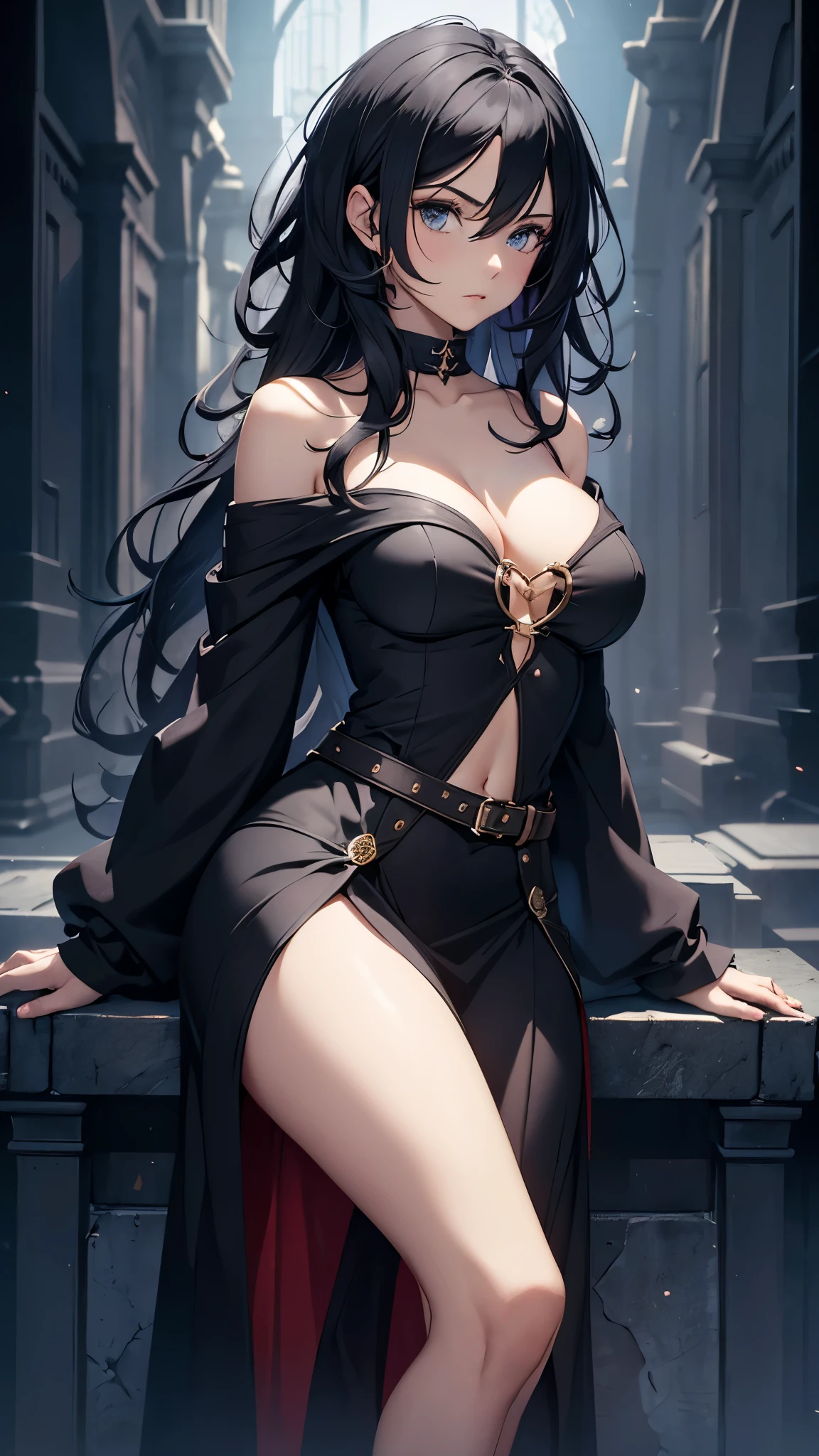 beautiful woman with black hair, detailed face, piercing blue eyes, full lips, long lashes, porcelain skin, elegant dress, graceful pose, cinematic lighting, dramatic shadows, vivid colors, photorealistic, 8k, high quality, art by artgerm and greg rutkowski