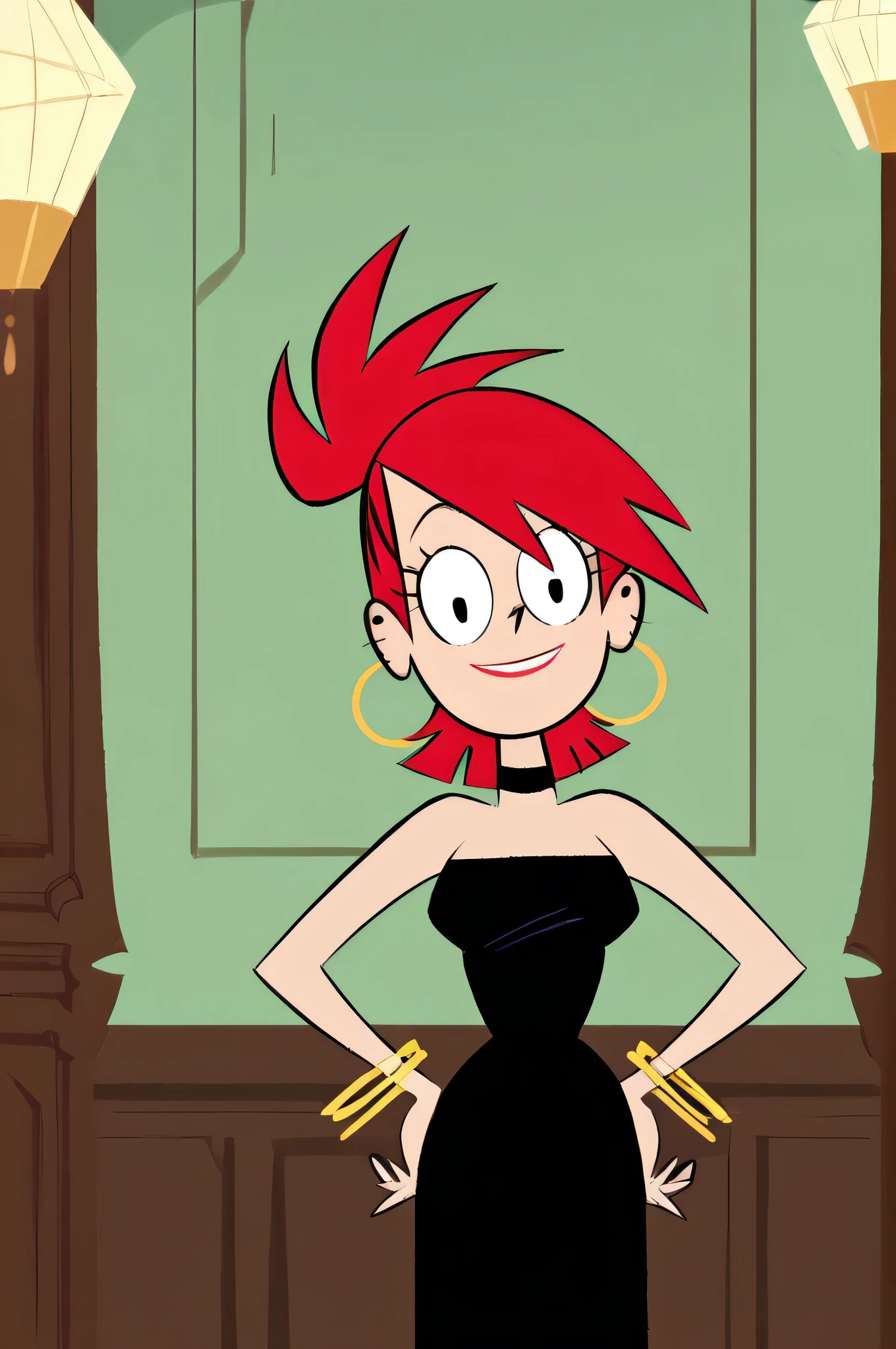 FrankieFoster, 1girl, lipstick, dress, black dress, solo, jewelry, red medium hair, bob hair, smile, earrings, choker, hoop earrings, bangle, bare shoulders,indoors, looking at viewer, score_9, score_8_up, score_7_up, score_6_up, score_5_up, score_4_up, hands on hip
