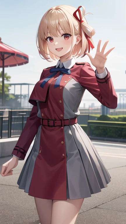 masterpiece, best quality, highres, aachisato, short hair, hair ribbon, breasts, neck ribbon, collared shirt, lycoris uniform, two-tone dress, red dress, grey dress, long sleeves, red belt, waving, smile, amusement park, standing