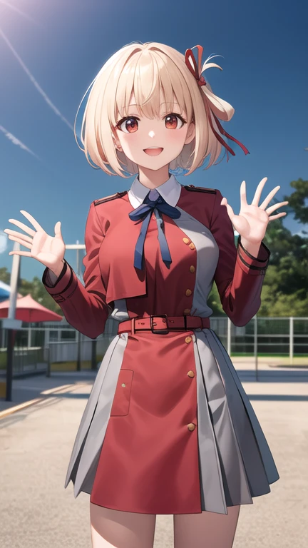 masterpiece, best quality, highres, aachisato, short hair, hair ribbon, breasts, neck ribbon, collared shirt, lycoris uniform, two-tone dress, red dress, grey dress, long sleeves, red belt, waving, smile, amusement park, standing