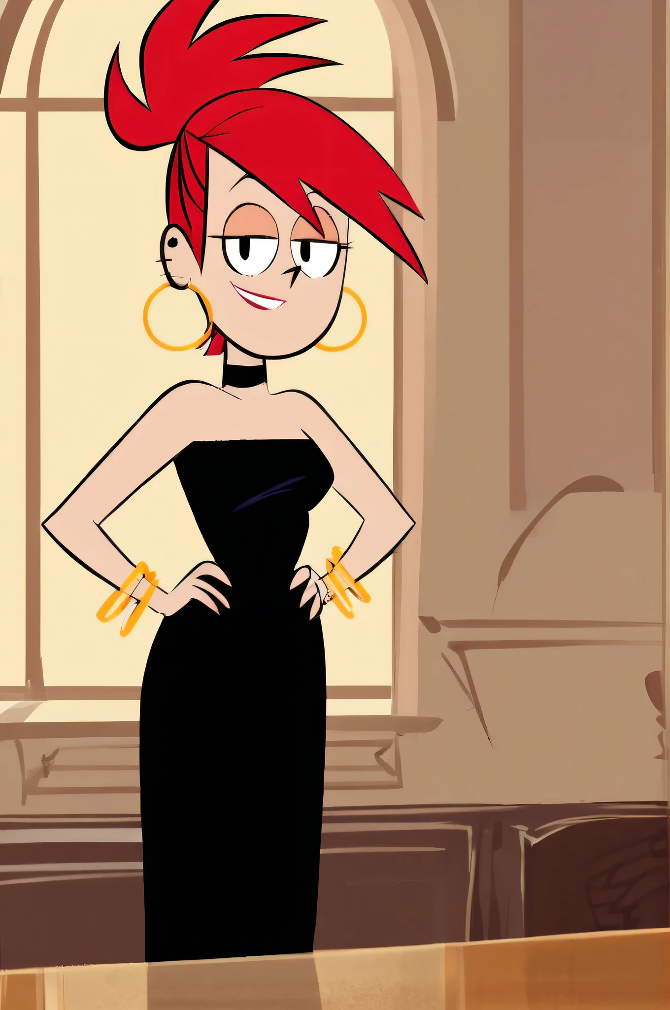 FrankieFoster, 1girl, lipstick, dress, black dress, solo, jewelry, red medium hair, bob hair, smile, earrings, choker, hoop earrings, bangle, bare shoulders,indoors, looking at viewer, score_9, score_8_up, score_7_up, score_6_up, score_5_up, score_4_up, hands on hip