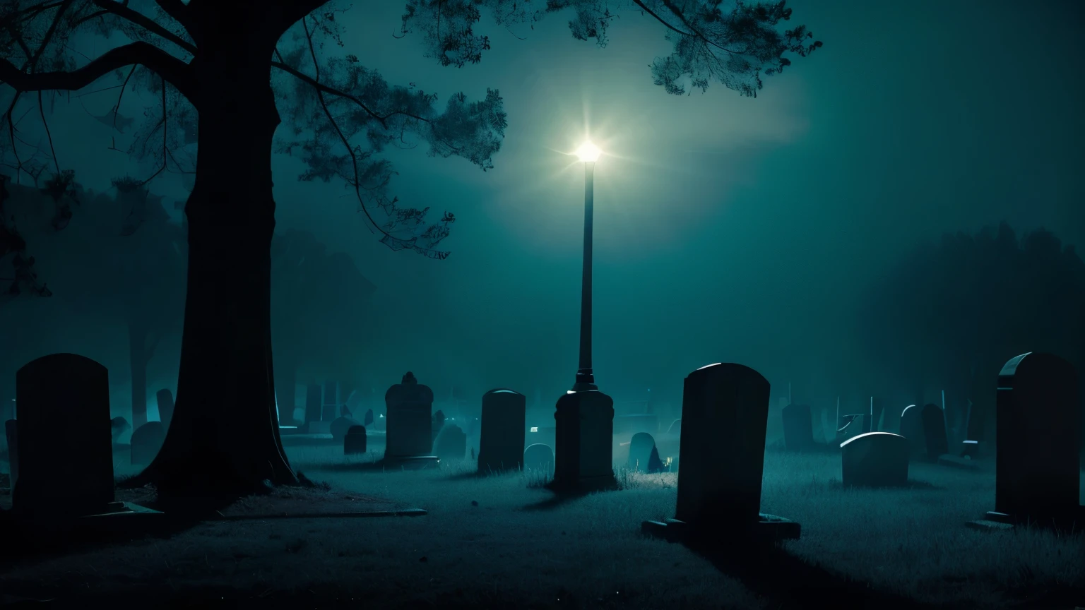 A realistic image of a gravedigger and his friend experiencing a supernatural event in a Louisiana cemetery at night. A bright light illuminates the tombstones as they see the image of an older man asking for a cigarette. The scene is bathed in eerie, bluish light with deep shadows and mist, enhancing the ghostly atmosphere. The background shows detailed tombstones and an old, crumbling wall. Created Using: cinematic lighting, realistic textures, high contrast, night photography techniques, ghostly glow, film grain, hd quality, natural look