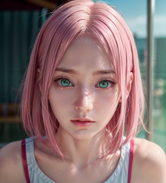 young woman, short shoulder-length pink hair, wide forehead, porcelain skin, pink eyebrows, big emerald green eyes, buttoned nose, full lips, heart-shaped face, slender body, small breasts, red tank top, Sakura Haruno , realistic, realism, details, 3d, well detailed
