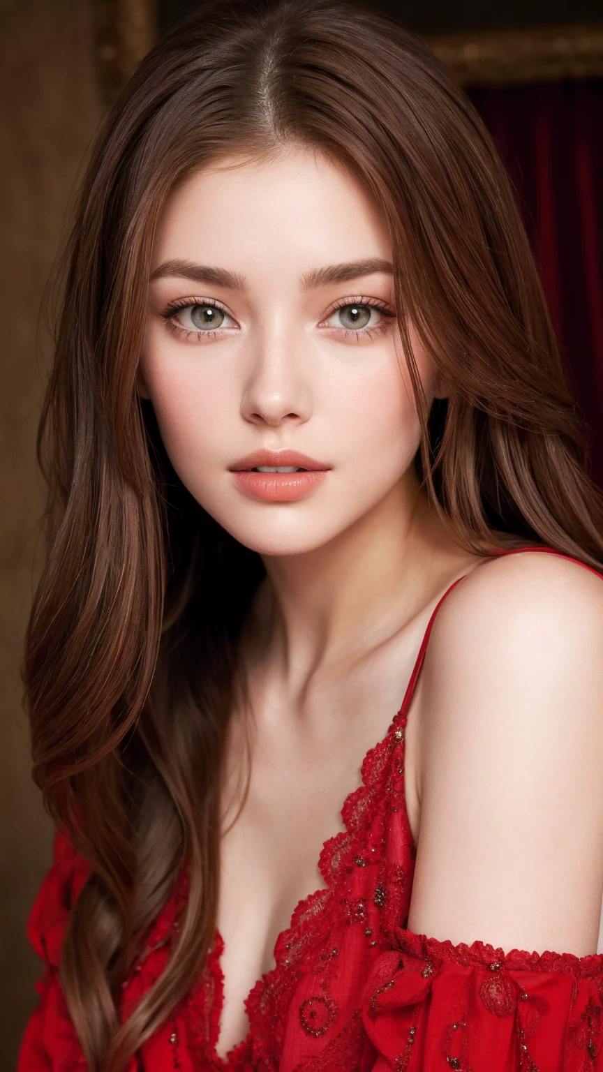 Close up portrait of long-haired woman in red dress, Portrait of Sophie Mudd, Attractive girl, Very beautiful face, Brown Hair Girl, Anna Nikonova、Also known as New Milky, Beautiful Model girl, Gorgeous and attractive face, Beautiful, round face, Beautiful Model, nodded, Attractive beautiful face, Gorgeous Woman, portrait of a Beautiful Model, Gorgeous young model