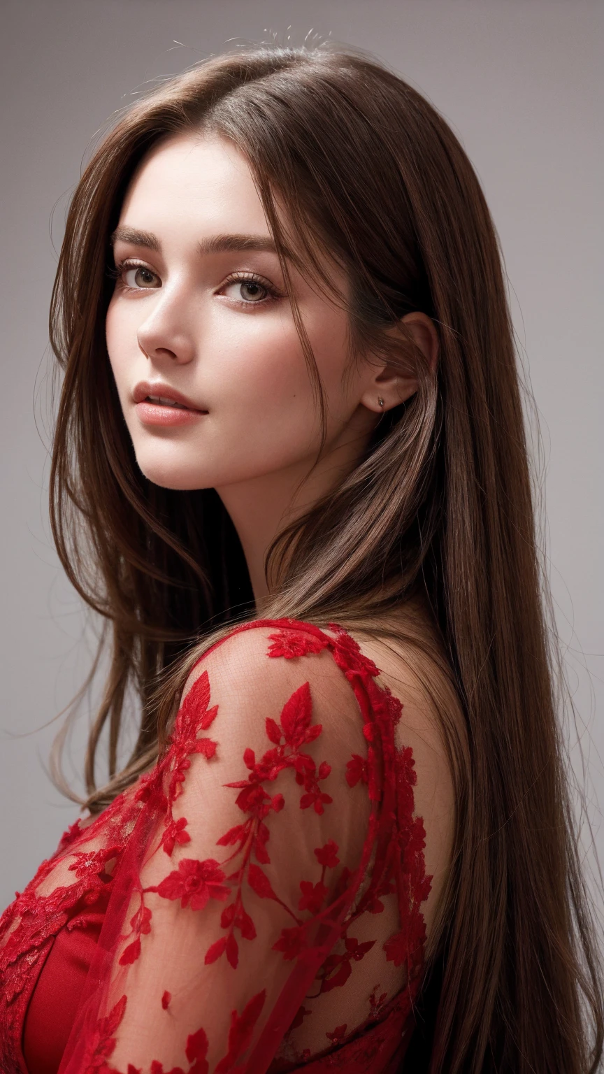 Close up portrait of long-haired woman in red dress, Portrait of Sophie Mudd, Attractive girl, Very beautiful face, Brown Hair Girl, Anna Nikonova、Also known as New Milky, Beautiful Model girl, Gorgeous and attractive face, Beautiful, round face, Beautiful Model, nodded, Attractive beautiful face, Gorgeous Woman, portrait of a Beautiful Model, Gorgeous young model
