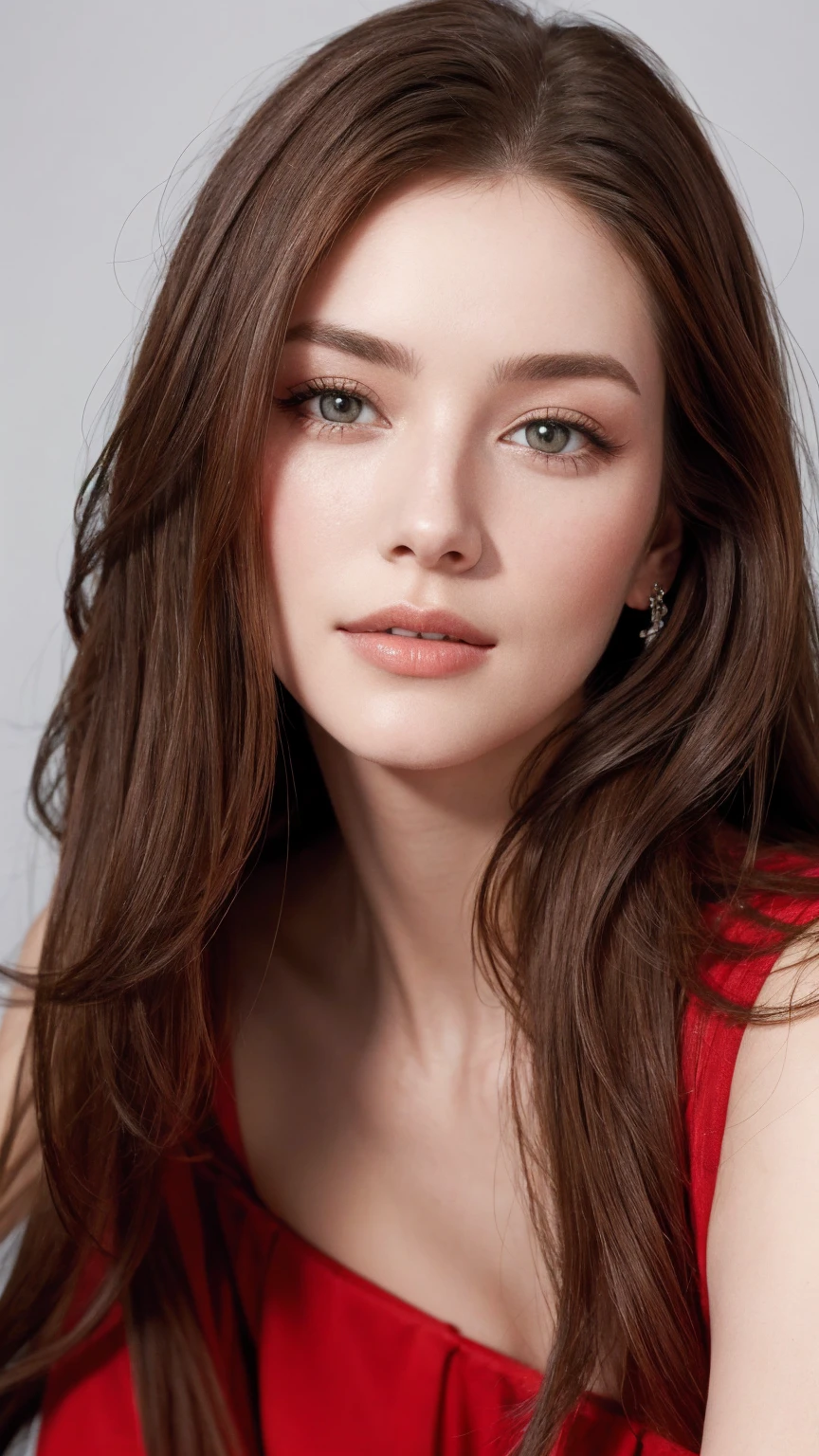 Close up portrait of long-haired woman in red dress, Portrait of Sophie Mudd, Attractive girl, Very beautiful face, Brown Hair Girl, Anna Nikonova、Also known as New Milky, Beautiful Model girl, Gorgeous and attractive face, Beautiful, round face, Beautiful Model, nodded, Attractive beautiful face, Gorgeous Woman, portrait of a Beautiful Model, Gorgeous young model