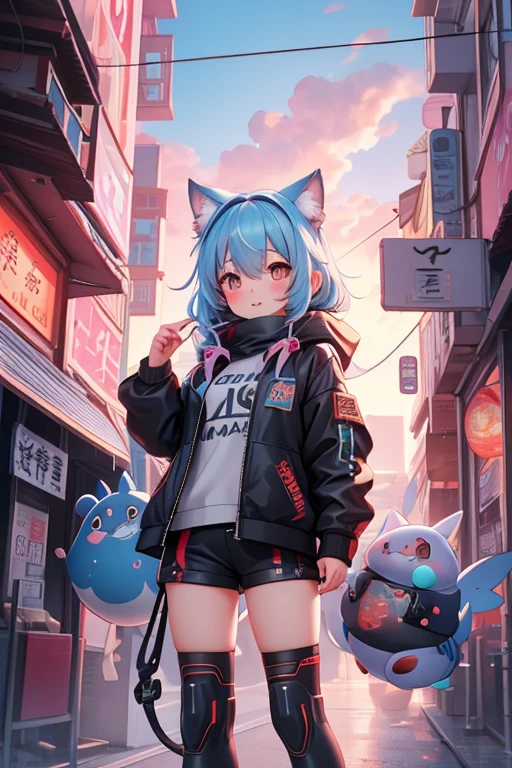 best quality,Super detailed,Realistic,(像素Art,概念Art:1.2),humor,天馬行空的imagination,quirky style,Cartoon creatures,Crazy combination,chaotic scene,,creativity,Art,mixed species inspiration,Pokemon style,Love to play、whimsical、Colorful、Playful、imagination、Mysterious atmosphere、Cute characters、unique design、fictional animals、eye-catching、Attention to detail、Colorful、expressiveness、Entertainment、Unconventional、Stimulate、various kinds,animal diversity,harmonious relationship,peaceful coexistence,animal world,Art表現,Beautifully illustrated creatures,Amazing fusion,hybrid animals,Unusual biological pairings,口袋妖怪Art風格,數碼寶貝關鍵Art,杉森健Art,Maki Haku,位圖Art,釋放imagination,charming depiction,Case,Interesting visual storytelling,Rich creativity,Wonderful composition,自然的Art靈感,迷人的Art作品,Rich narrative,whimsical的故事,Playful的詮釋,富有imagination的設置,獨特的Art表達,Lively and dynamic,images full of energy,stunning details,精心製作的Art品anime girl in short shorts and jacket standing next to giant robot, artwork in the style of guweiz, cyberpunk anime girl mech, trending on cgstation, guweiz, by Russell Dongjun Lu, digital cyberpunk anime art, ross tran 8 k, guweiz on artstation pixiv, girl in mecha cyber armor