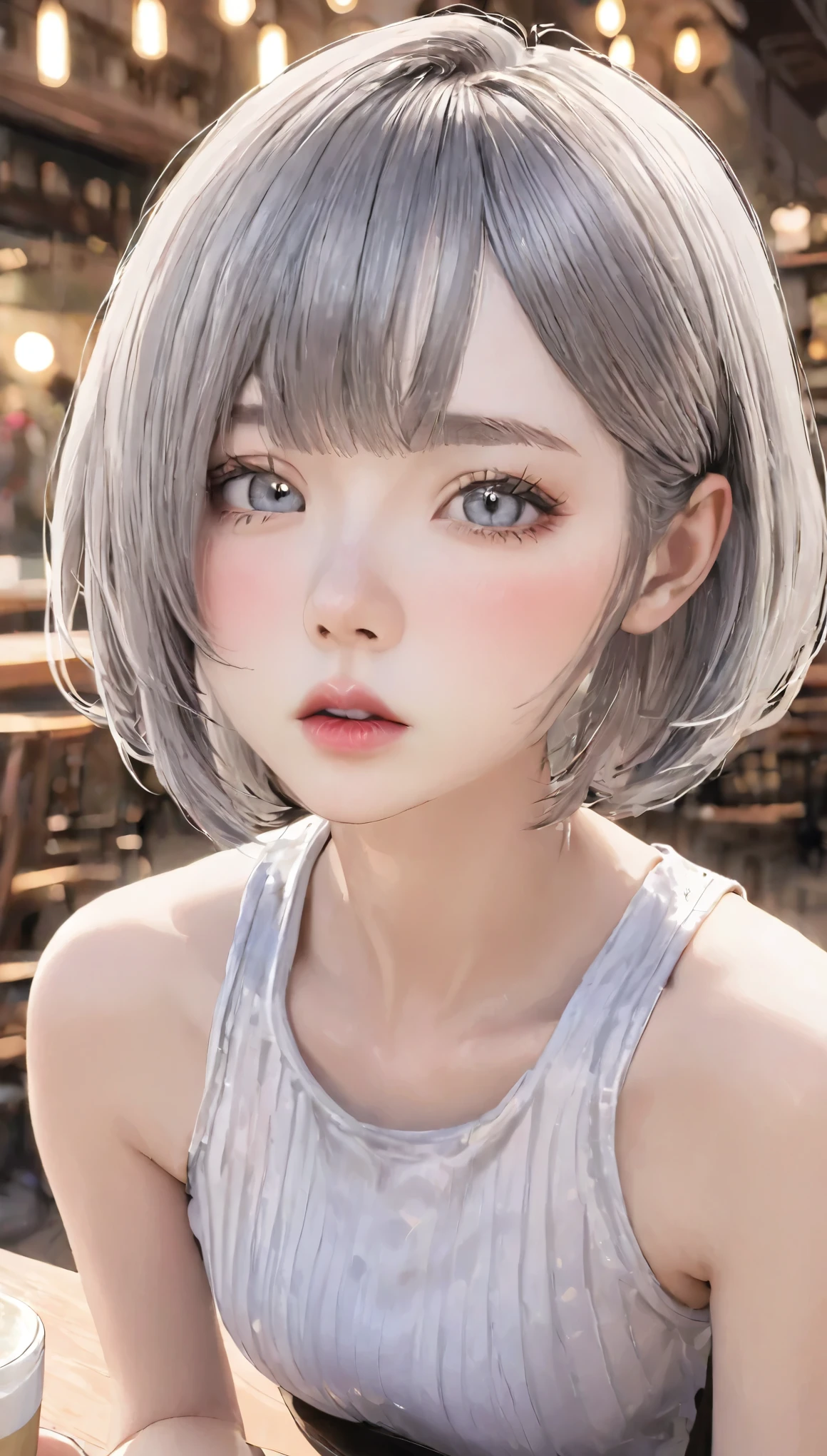 UHigh resolution, retina, masterpiece, Accurate, Anatomically correct, Textured skin, Very detailed, Attention to detail, high quality, 最high quality, High resolution, 1080p, High resolution, 4K, 8k, 16k), (Beautiful details, Beautiful lip detail, Very detailedな目と顔),1girl、Short silver bob hair held together with a hair clip, Grey Eyes、Angry、I really like it、Tank top、Upper body close-up、Morning Cafe Terrace、Background Blur, Written boundary depth
