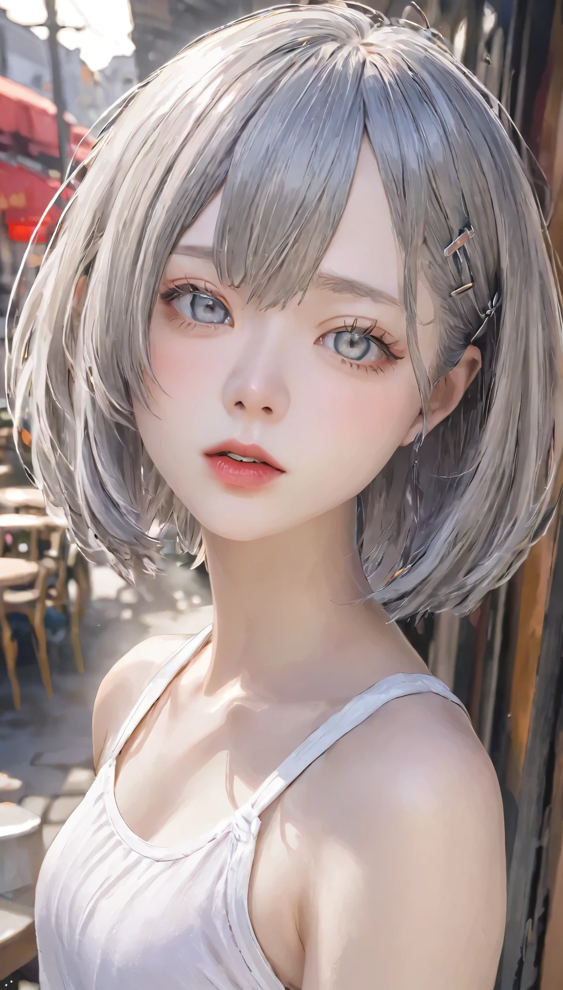 UHigh resolution, retina, masterpiece, Accurate, Anatomically correct, Textured skin, Very detailed, Attention to detail, high quality, 最high quality, High resolution, 1080p, High resolution, 4K, 8k, 16k), (Beautiful details, Beautiful lip detail, Very detailedな目と顔),１girl、Short silver bob hair held together with a hair clip, Grey Eyes、Angry、I really like it、Tank top、Upper body close-up、Morning Cafe Terrace、Background Blur, Written boundary depth