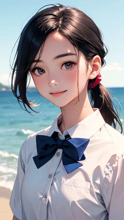(1 girl, alone, Japanese Girls), ,highest quality,  8k, High resolution, Super detailed, (Portraiture), Recall, Black Hair, ponytail, Shiny skin, Flat Chest, smile,  (Middle schoom, White collared shirt, bow tie,), summer, blue sky, thunder head, Ocean,