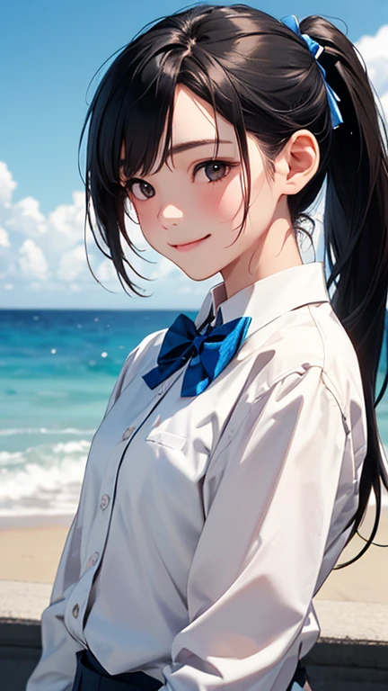 (1 girl, alone, Japanese Girls), 13 years old,highest quality, 8k, High resolution, Super detailed, (Portraiture), Recall, Black Hair, ponytail, Shiny skin, Flat Chest, smile, (Middle school students:1.5, uniform, White collared shirt, bow tie,), summer, blue sky, thunder head, Ocean,